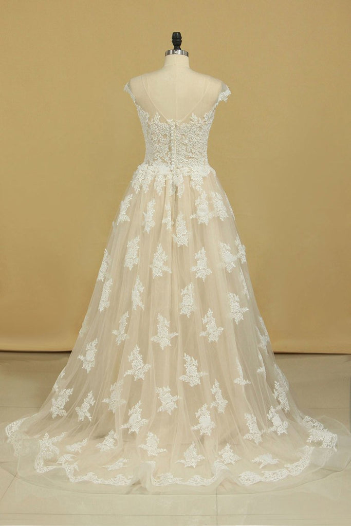 Court Train Scoop A Line Wedding Dresses Tulle With Applique