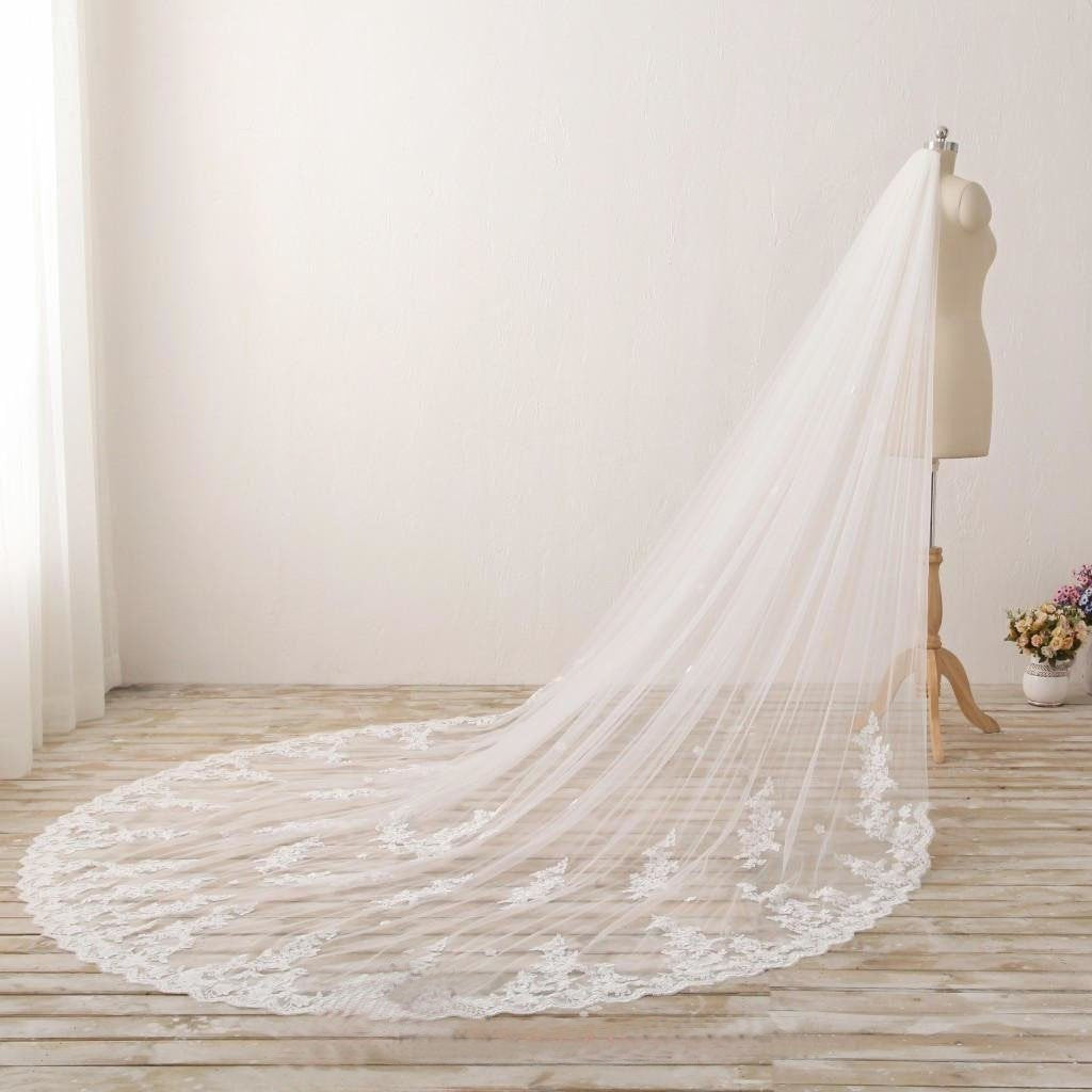 Long Embroidered Lace Appliques Tulle Cathedral Veil for Wedding Wedding Veil JS869