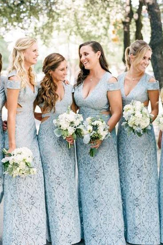 Mermaid Lace Baby Blue V Neck Bridesmaid Dresses for Wedding SJS15653
