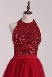 Homecoming Dresses Halter Beaded Bodice Tulle A Line Open Back