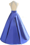 Open Back Scoop Beaded Bodice Prom Dresses A Line Satin