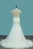 Short Sleeves V-Neck Tulle Mermaid/Trumpet Wedding Dresses With Applique
