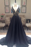Charming Long A-Line V-Neck Black Lace Prom Dresses Party Dresses