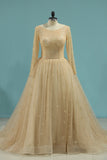 New Evening Dresses Bateau Tulle Chapel Train Lace Up Back Long Sleeves