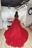 Burgundy Ball Gown V neck Spaghetti Straps Tulle Prom Dresses with Appliques SJS15083