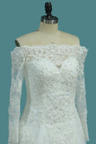 New Arrival Tulle Long Sleeves Boat Neck A Line Wedding Dresses