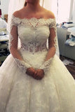 Ball Gown Boat Neck Tulle With Applique And Beads Long Sleeves Wedding Dresses