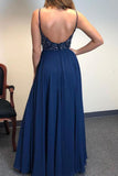 A Line Spaghetti Straps V Neck Chiffon Royal Blue Prom Dresses with Slit Beads Formal Dress SJS15032