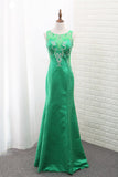 Scoop Satin Mermaid Prom Dresses With Embroidery Floor Length