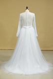 Plus Size Long Sleeves Wedding Dresses Scoop A Line Tulle & Lace Sweep Train