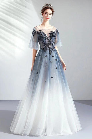 A Line Half Sleeves Tulle Long Ombre Prom Dress with Appliques Blue Evening Dresses SJS15001