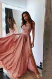 Pink V Neck Long Prom Dresses Lace And Beaded Prom Dress With Slit Evening Dress