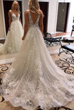 Luxurious Ball Gown V Neck Open Back Ivory Lace Wedding Dresses,Sequins Beach Bridal Dresses SJS15259