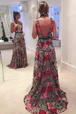 Beautiful Prom Dresses Scoop Aline Rose Floral Embroidery Lace Prom Dress