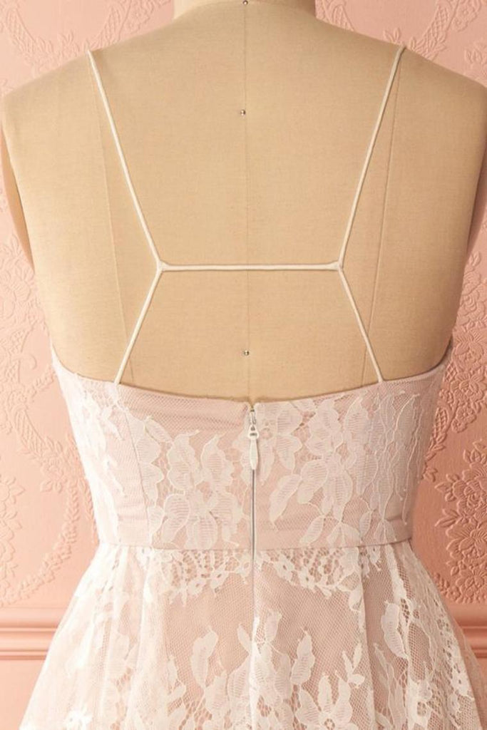 Spaghetti Straps Pink And Ivory Open Back Lace High Low Prom Dresses