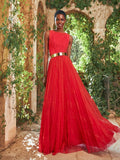 Formal Wedding Party Dress Long Tulle Red Chiffon Sleeveless Prom Dresses