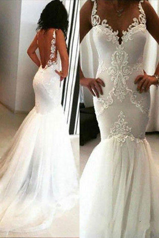 Elegant Mermaid White V Neck Appliques Wedding Dresses, Tulle Beach Wedding Gowns SJS15183