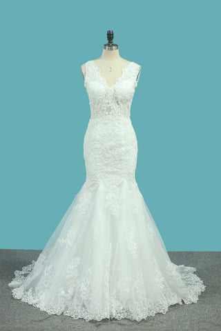 V Neck Mermaid Wedding Dresses Tulle With Applique And Beads Court Train