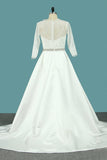 Bateau Mermaid 3/4 Length Sleeves Satin Wedding Dresses Court Train Detachable