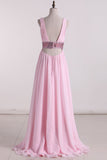 A Line Prom Dresses V Neck Chiffon With Beads And Ruffles
