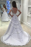 V Neck Short Sleeves A Line Wedding Dresses Tulle With Applique Sweep Train