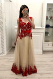 Tulle A-Line Straps Prom Dresses WIth Appliques Floor Length