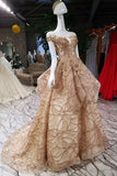 Gold Lace Prom Dresses Lace Up With Appliques Off The Shoulder