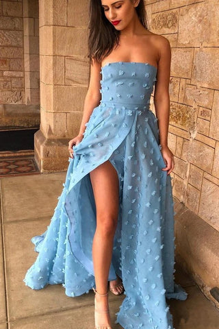 Sexy A line See Through Strapless Slit Backless Blue Prom Dresses with Appliques SJS15593