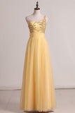 A Line One Shoulder Prom Dress Beaded Bodice Tulle Floor Length