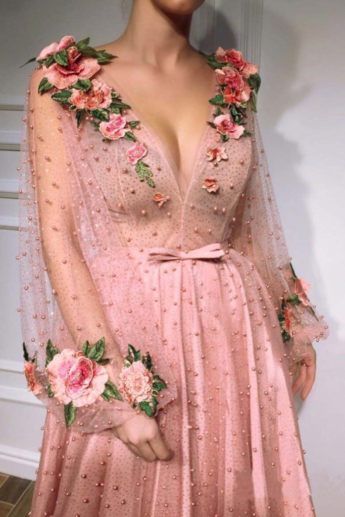 3D Floral Long Sleeve Pink Prom Dresses Pearl Beaded V Neck Formal Dresses JS377