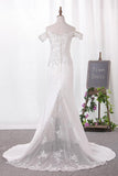 Elegant Mermaid Off the Shoulder Sweetheart Lace Appliques Satin Wedding Dresses JS816