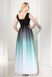 Ombre A Line Floor Length V Neck Sleeveless Mid Back Prom Dresses