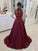 Burgundy Satin A-line Sleeveless High Neck Long Prom Dresses