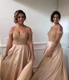 Off-the-Shoulder Sweetheart Long Pink A-Line Beads Open Back Bridesmaid Dresses JS594