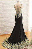 Black Trumpet Sweep Train Sheer Neck Sleeveless Peacock Embroidered Beading Prom Dresses