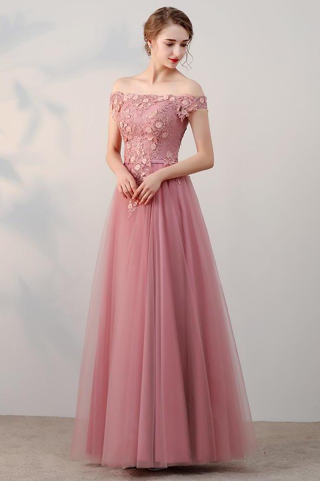 Chic A-Line Off-the-Shoulder Pink Appliques Lace-up Tulle Modest Long Prom Dresses JS410