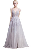 A-Line Grey Tulle with Lace Appliqued V-Neck Long Sleeveless Floor-Length Prom Dresses JS385