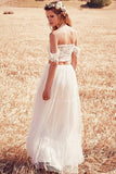 Unique A-Line Two Pieces Off-the-Shoulder Ivory Tulle Princess Lace Wedding Dresses UK JS405