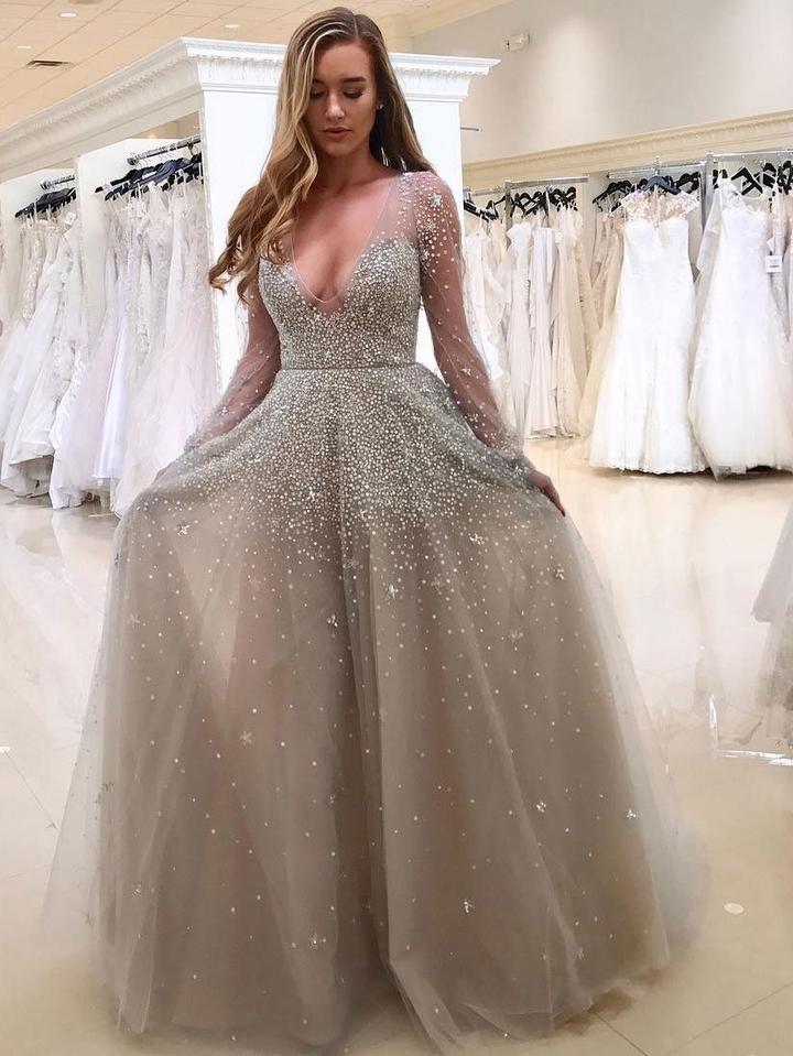 Sparkly Long Sleeves Tulle V Neck Prom Dresses with Sequins