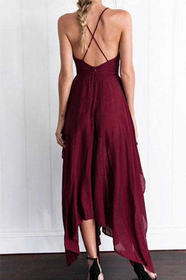 Burgundy Asymmetrical A Line Deep V Neck Sleeveless Backless Side Slit Prom Dresses