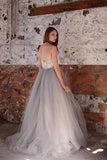 Sexy Top A-line White Lace Grey Tulle Strapless Sweetheart Neck Wedding Dress JS357