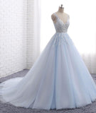 Sexy Ball Gown Tulle Sky Blue V-neck Appliques Brush Train Long Sleeveless Prom Dresses UK JS505