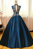 Navy Blue Ball Gown Floor Length High Neck Sleeveless Appliques Long Prom Dresses