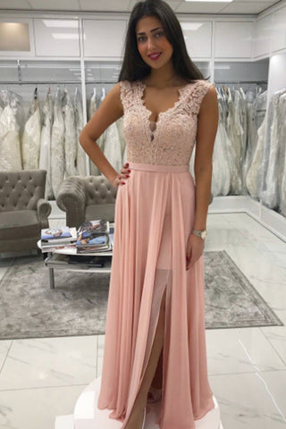Chic V Neck Lace Appliques With Split Side Long Chiffon Prom Dresses