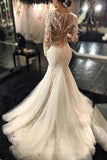 Long Sleeves Court Train Ivory V-Neck Mermaid Tulle Wedding Dress With Lace Appliques JS64