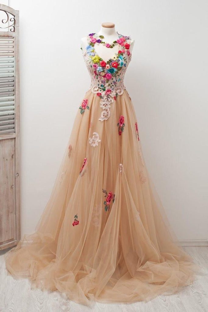 Lovely Open Back Charming Tulle Elegant Prom Dresses Applique Prom Gowns