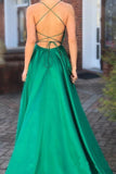 Elegant A Line Green Lace up Prom Dresses with Pockets Slit Formal Evening SJS15634