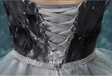 Elegant High Low Strapless Sweetheart Feathers Tulle Gray Prom Dresses with Lace SJS15643