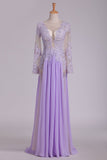 Scoop Long Sleeves Prom Dresses With Applique And Beads A Line Chiffon