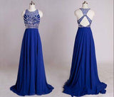 Backless Royal Blue Open Back Sleeveless Halter Chiffon Formal Gown For Senior Teens JS990